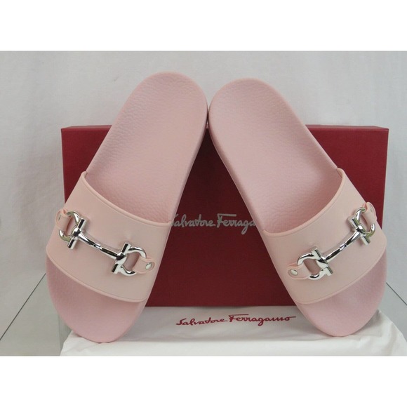 NIB FERRAGAMO GROOVY 11 PINK RUBBER SILVER GANCINI BIT LOGO SANDALS SLIDES 11 M - Picture 7 of 13